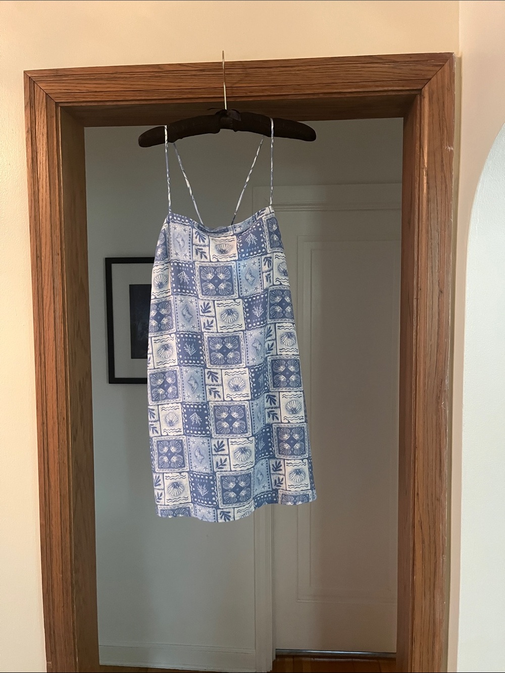 Hollister Blue and White Tile-Print Mini Slip Dress with Spaghetti Straps